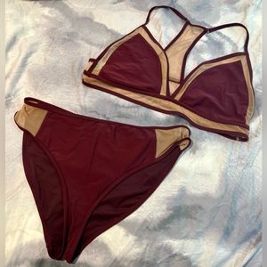 Forever 21 Plus Size Mesh-Trim Triangle Bikini Set - Burgundy 2X/0X